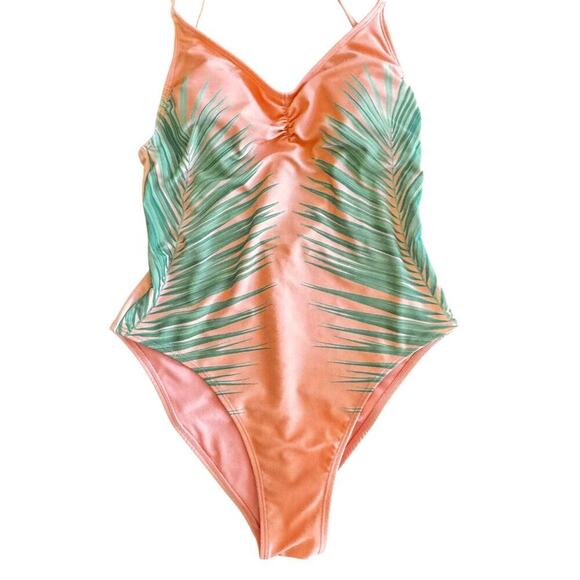 XHILARATION Peach Green Tropical Palm Tree Print One Piece Swimsuit Women's Sz M - Picture 2 of 13